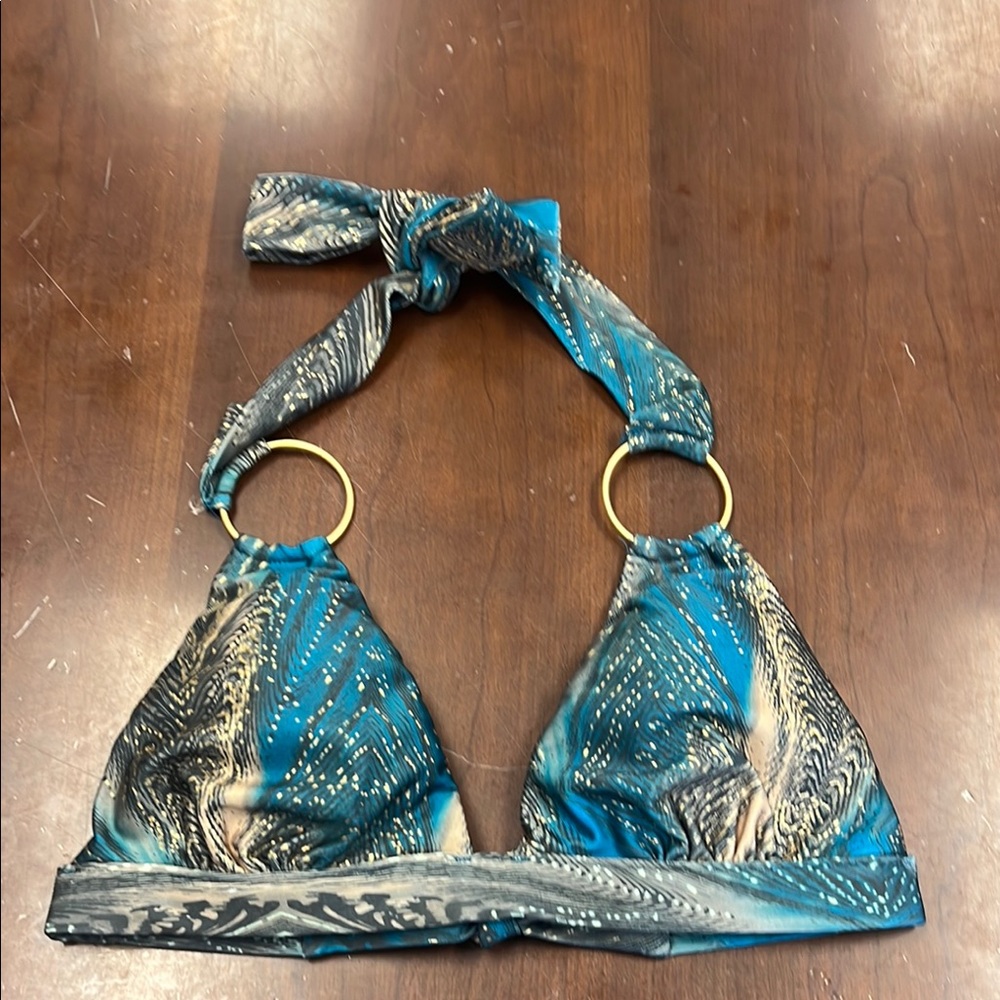 NWT turquoise blue Gold Triangle Bikini top Halter rings accent tie back medium